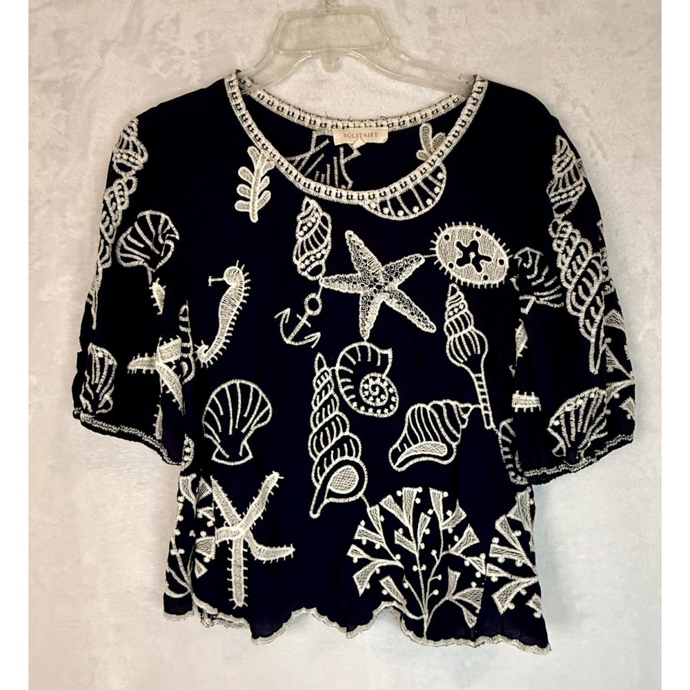 Solitaire Navy Embroidered Seashell Blouse Coastal Boho Rayon Top M Resort